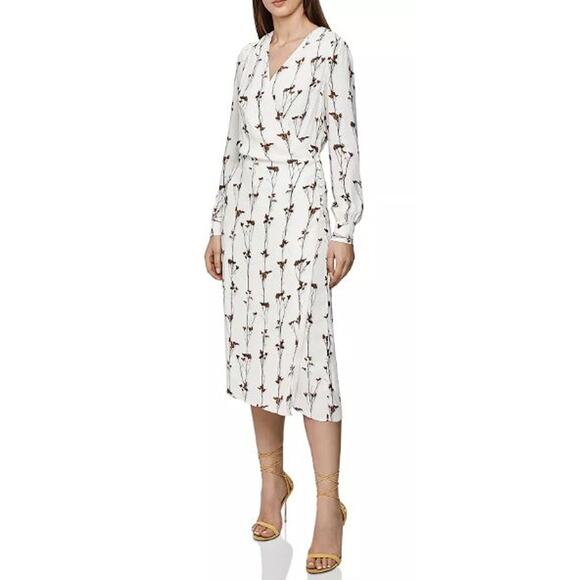 Reiss 2 Renae Faux Wrap Midi Dress White Floral V Neck Hourglass Long Sleeves - Picture 1 of 15